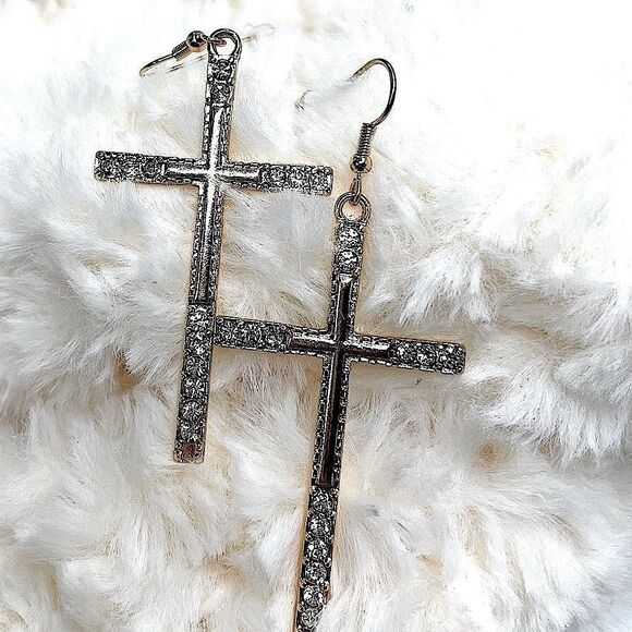Cross Earrings l Rhinestone on Gold l Hoop l New - Picture 3 of 6
